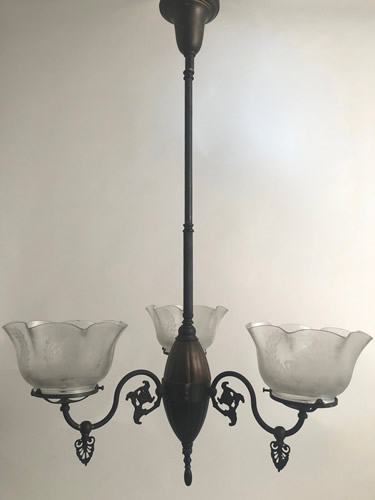 Pair of 3-Arm Gas Chandeliers with Deep Etch Shades